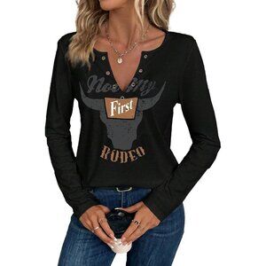 Women's Black 4 Cowgirl Western Graphic Tee Notched Neck Long Sleeve Shirt Top